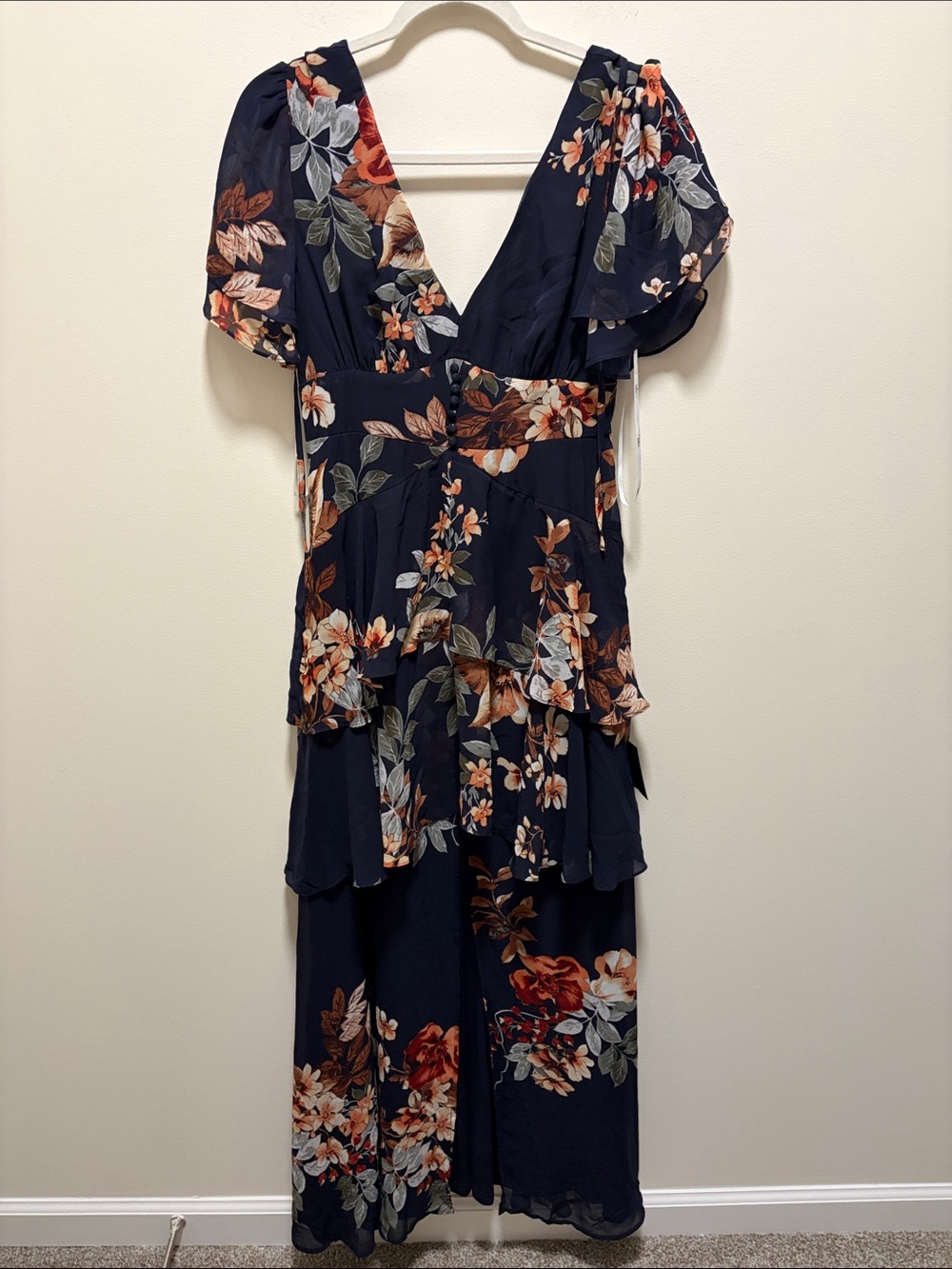 Lulu's Navy Floral Tiered Maxi Dress with Ruffled Layers Medium - Picture 3 of 6